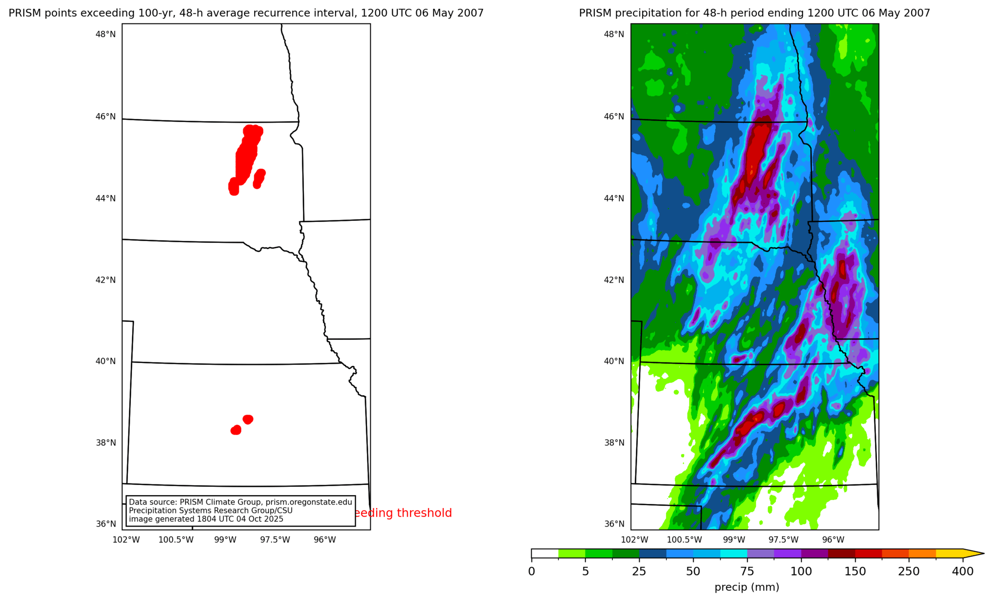 on the left is a map showing locations where rainfall exceeding an average recurrence interval threshold occurred, and on the right is the corresponding precipitation analysis for that time period