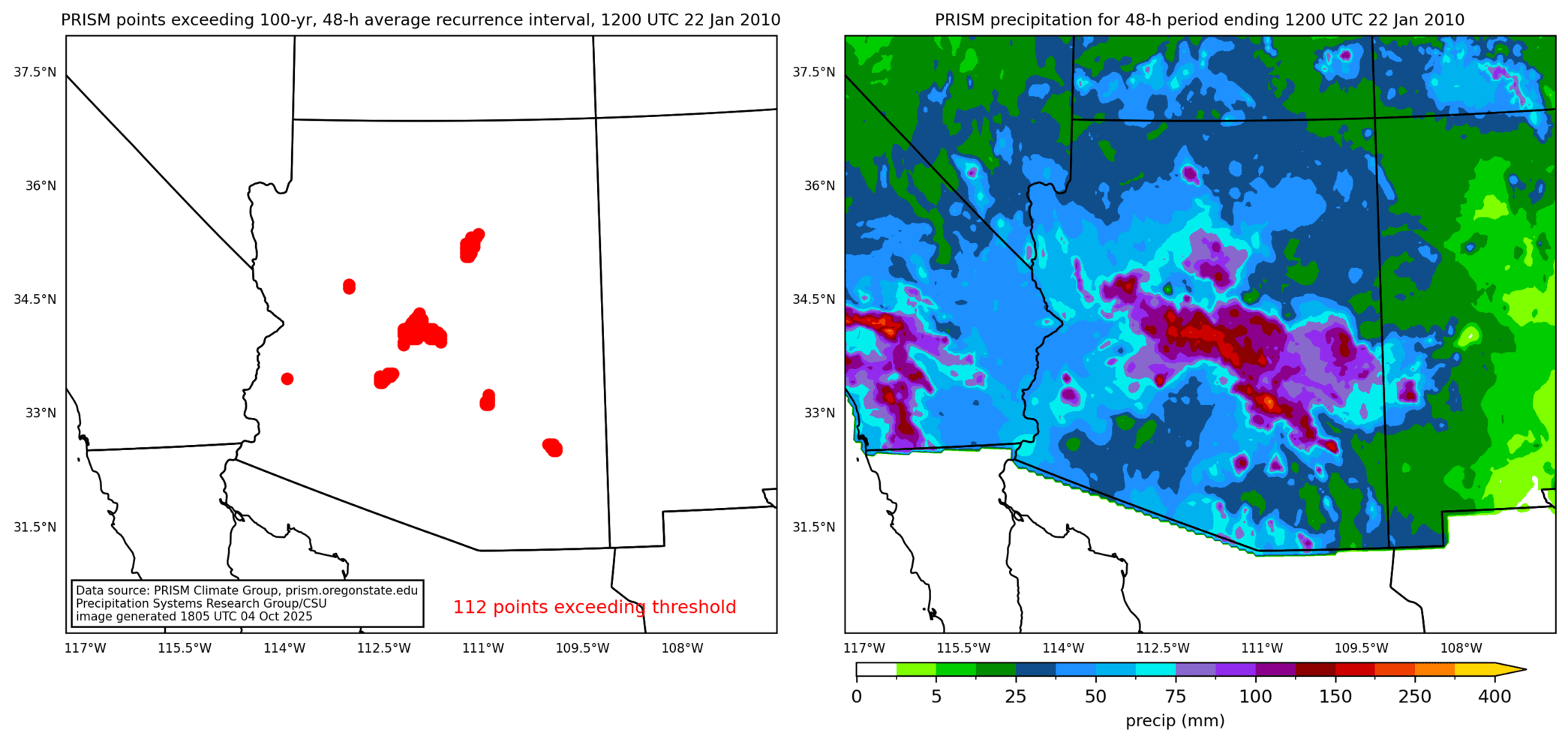 on the left is a map showing locations where rainfall exceeding an average recurrence interval threshold occurred, and on the right is the corresponding precipitation analysis for that time period