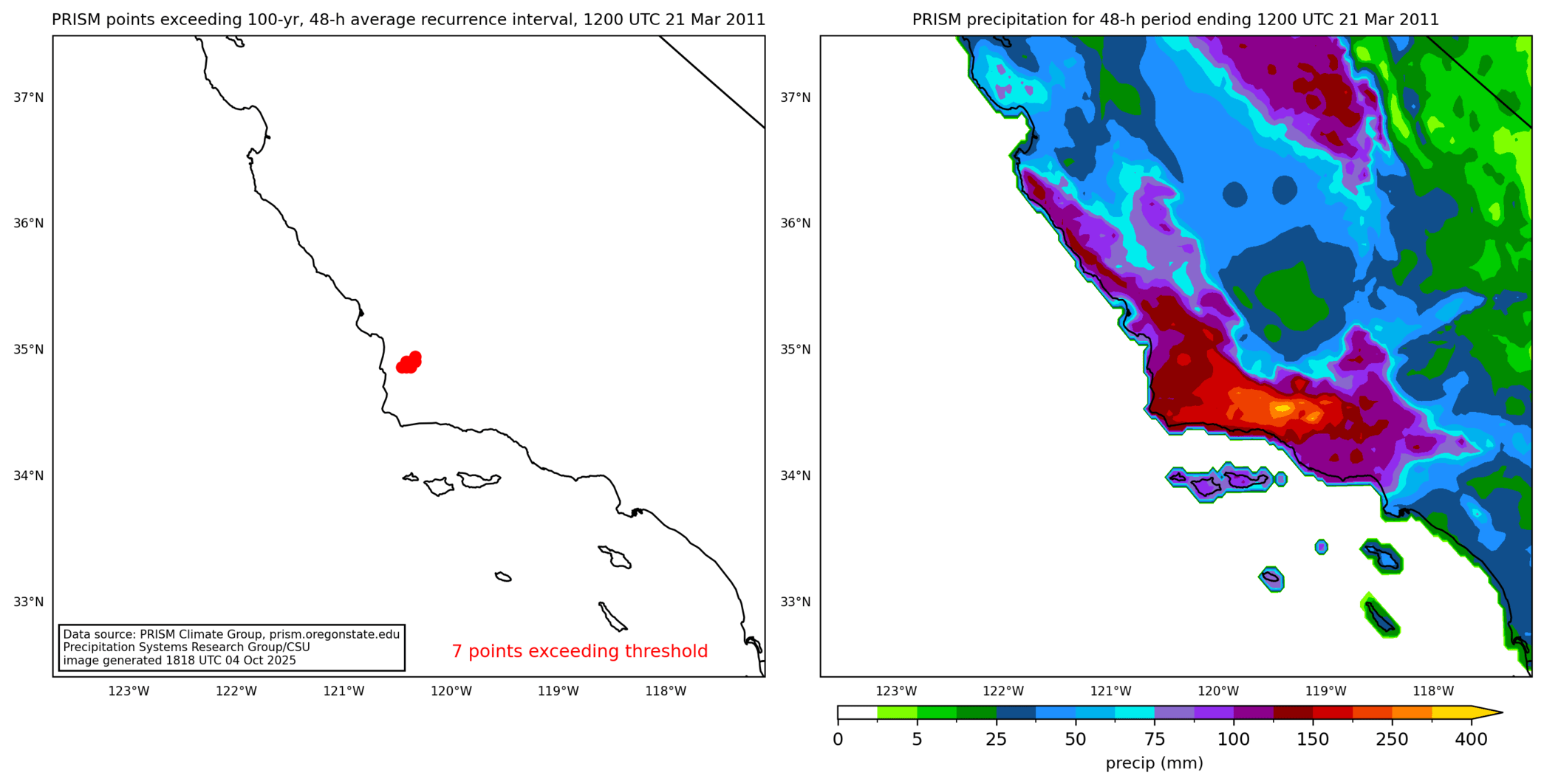 on the left is a map showing locations where rainfall exceeding an average recurrence interval threshold occurred, and on the right is the corresponding precipitation analysis for that time period