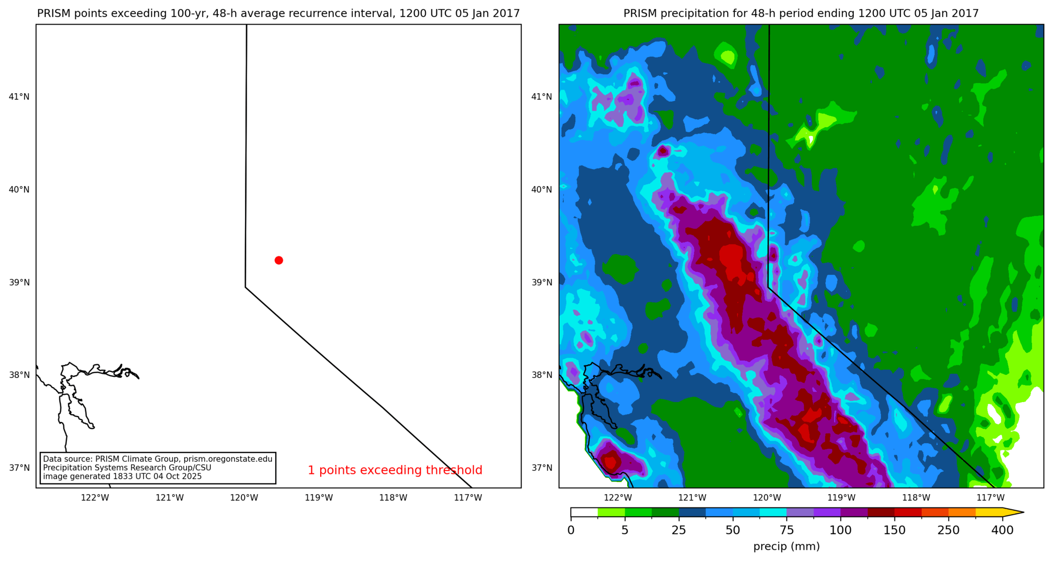 on the left is a map showing locations where rainfall exceeding an average recurrence interval threshold occurred, and on the right is the corresponding precipitation analysis for that time period