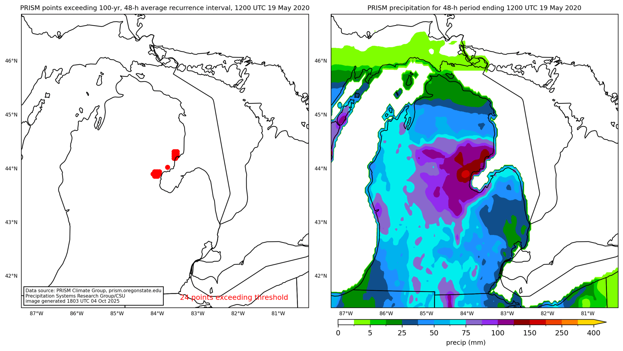 on the left is a map showing locations where rainfall exceeding an average recurrence interval threshold occurred, and on the right is the corresponding precipitation analysis for that time period