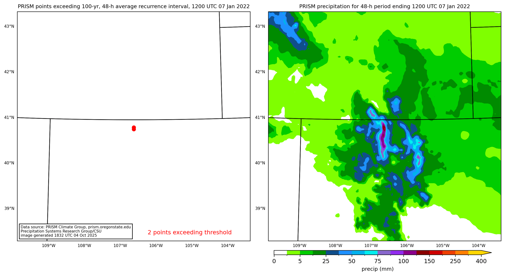 on the left is a map showing locations where rainfall exceeding an average recurrence interval threshold occurred, and on the right is the corresponding precipitation analysis for that time period