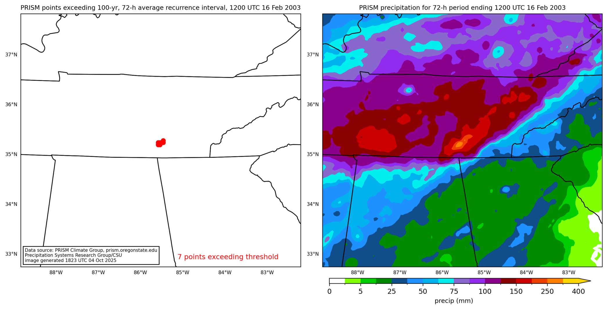on the left is a map showing locations where rainfall exceeding an average recurrence interval threshold occurred, and on the right is the corresponding precipitation analysis for that time period