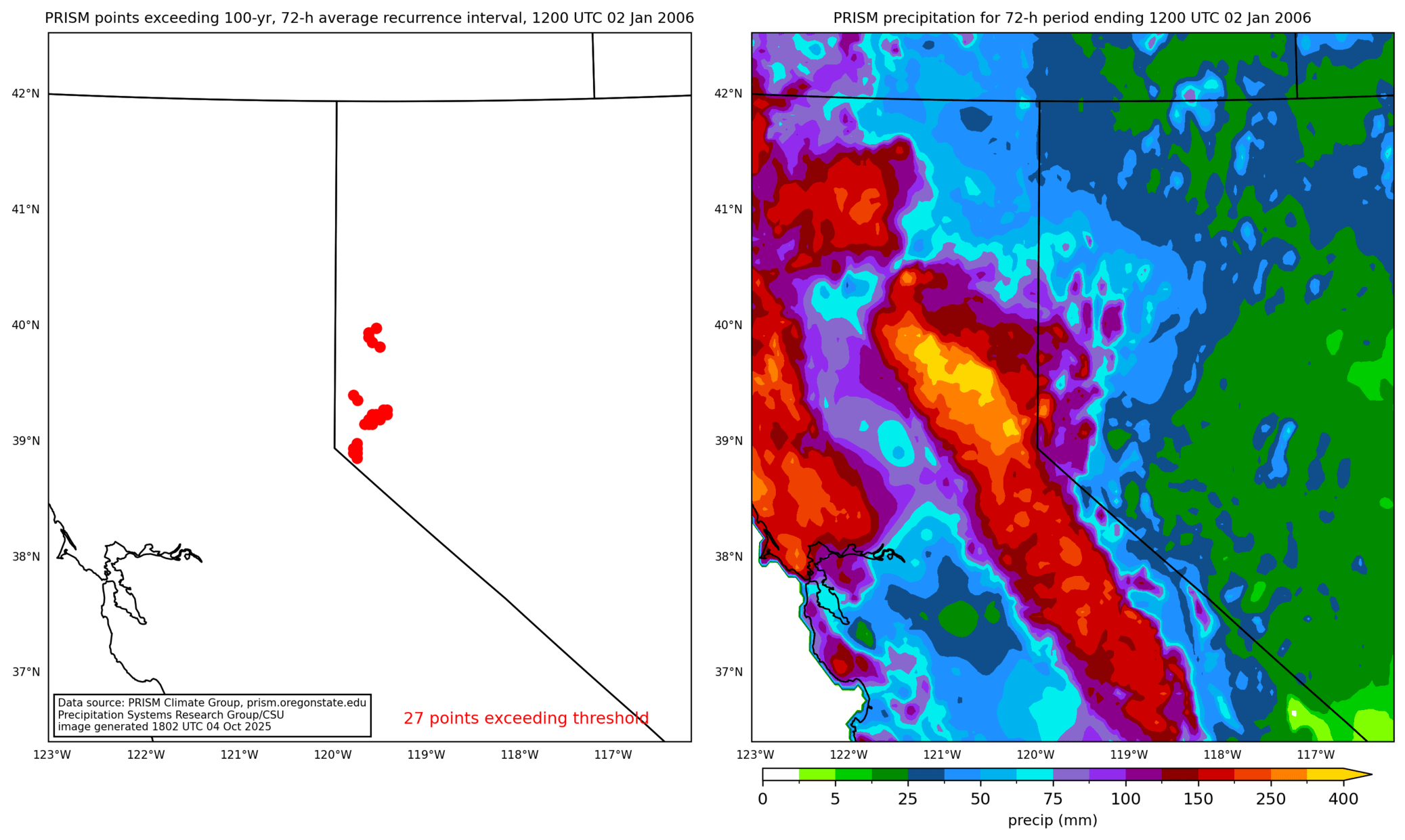 on the left is a map showing locations where rainfall exceeding an average recurrence interval threshold occurred, and on the right is the corresponding precipitation analysis for that time period