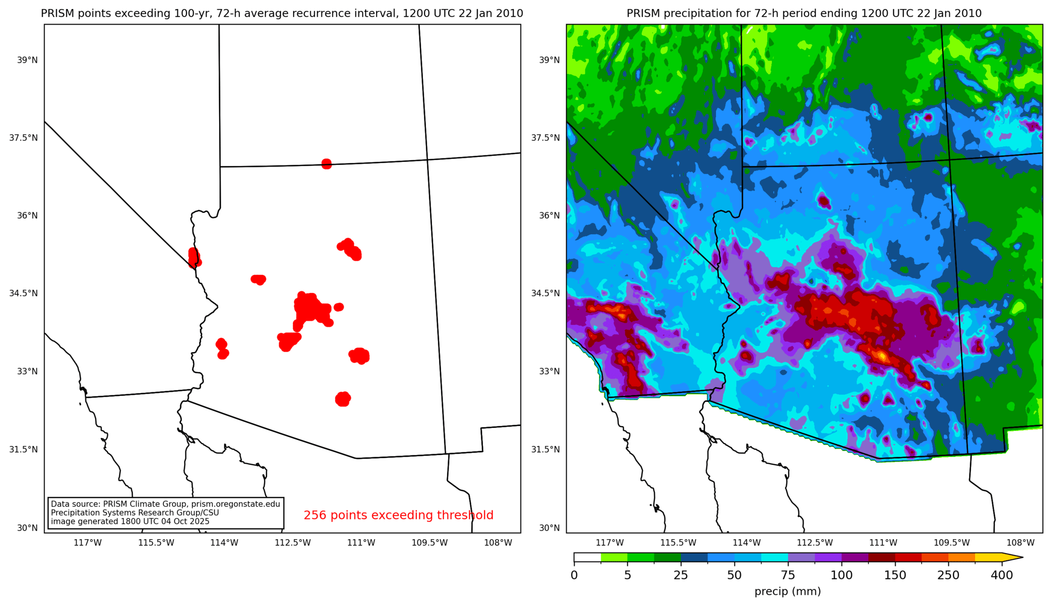 on the left is a map showing locations where rainfall exceeding an average recurrence interval threshold occurred, and on the right is the corresponding precipitation analysis for that time period