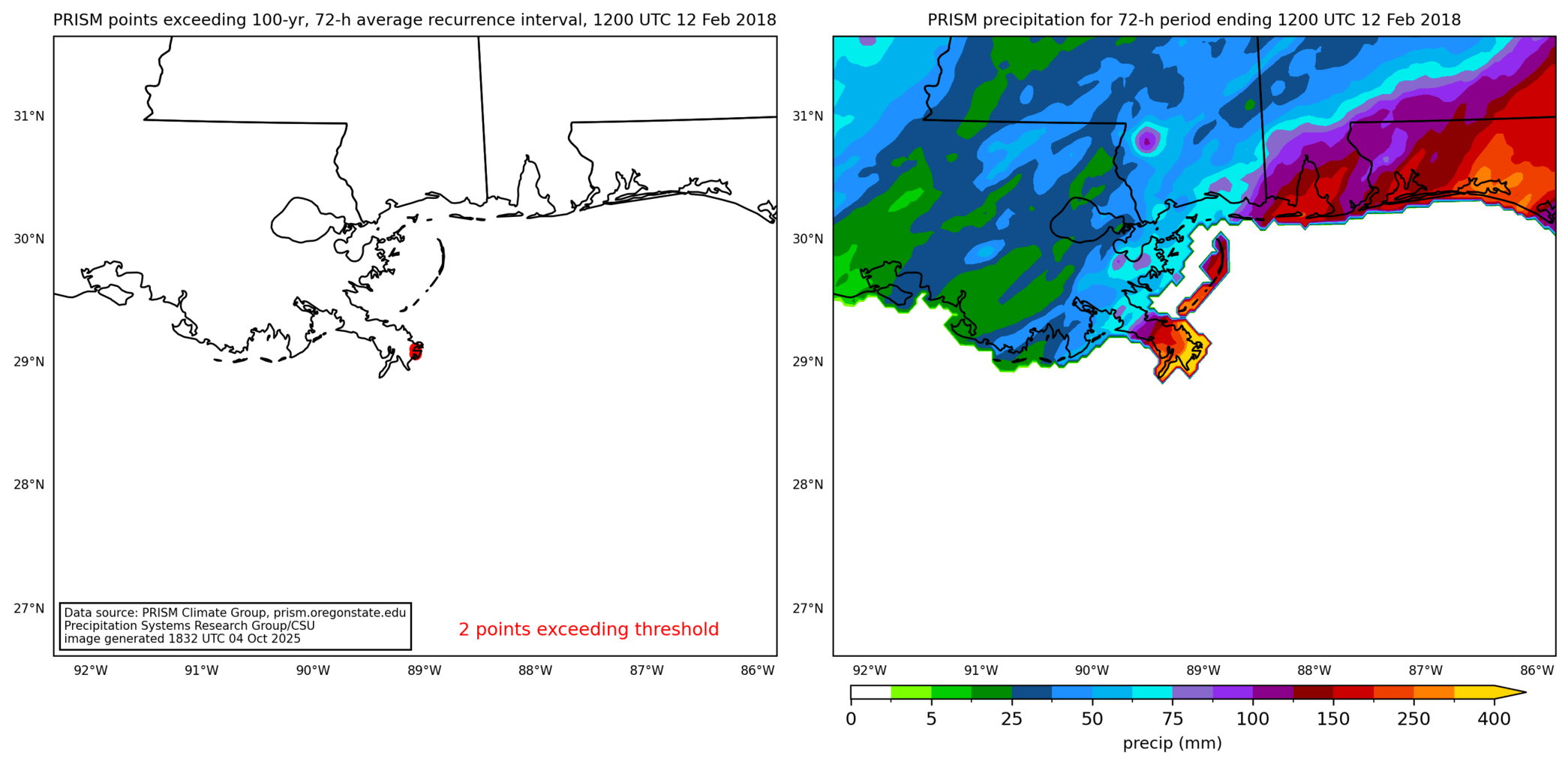 on the left is a map showing locations where rainfall exceeding an average recurrence interval threshold occurred, and on the right is the corresponding precipitation analysis for that time period