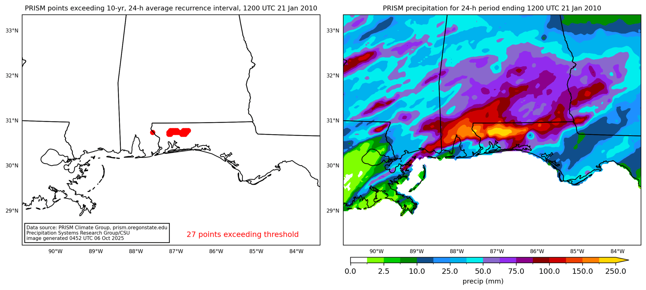 on the left is a map showing locations where rainfall exceeding an average recurrence interval threshold occurred, and on the right is the corresponding precipitation analysis for that time period