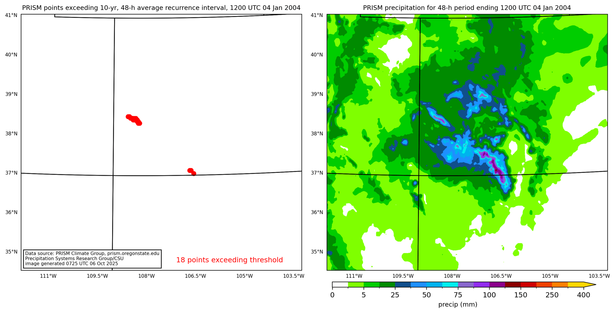 on the left is a map showing locations where rainfall exceeding an average recurrence interval threshold occurred, and on the right is the corresponding precipitation analysis for that time period