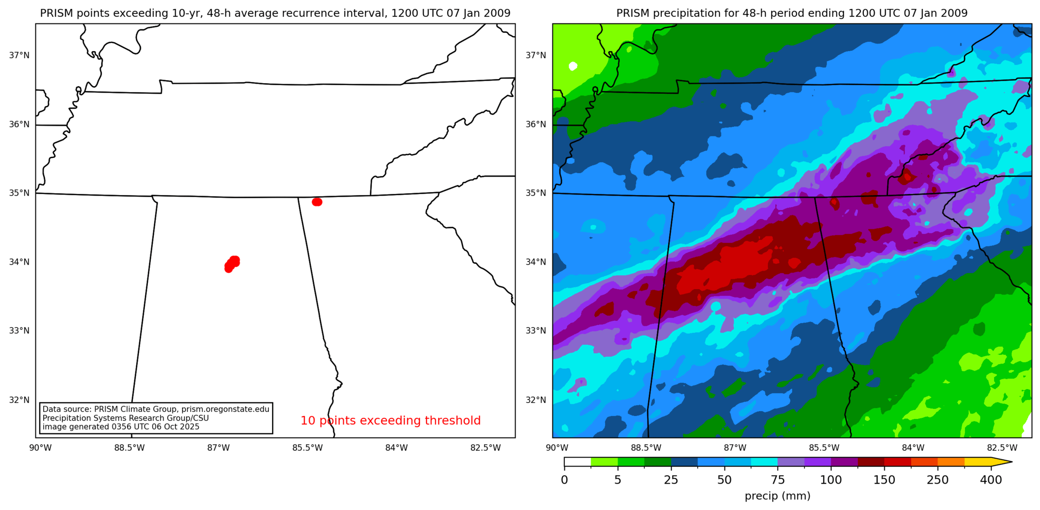 on the left is a map showing locations where rainfall exceeding an average recurrence interval threshold occurred, and on the right is the corresponding precipitation analysis for that time period