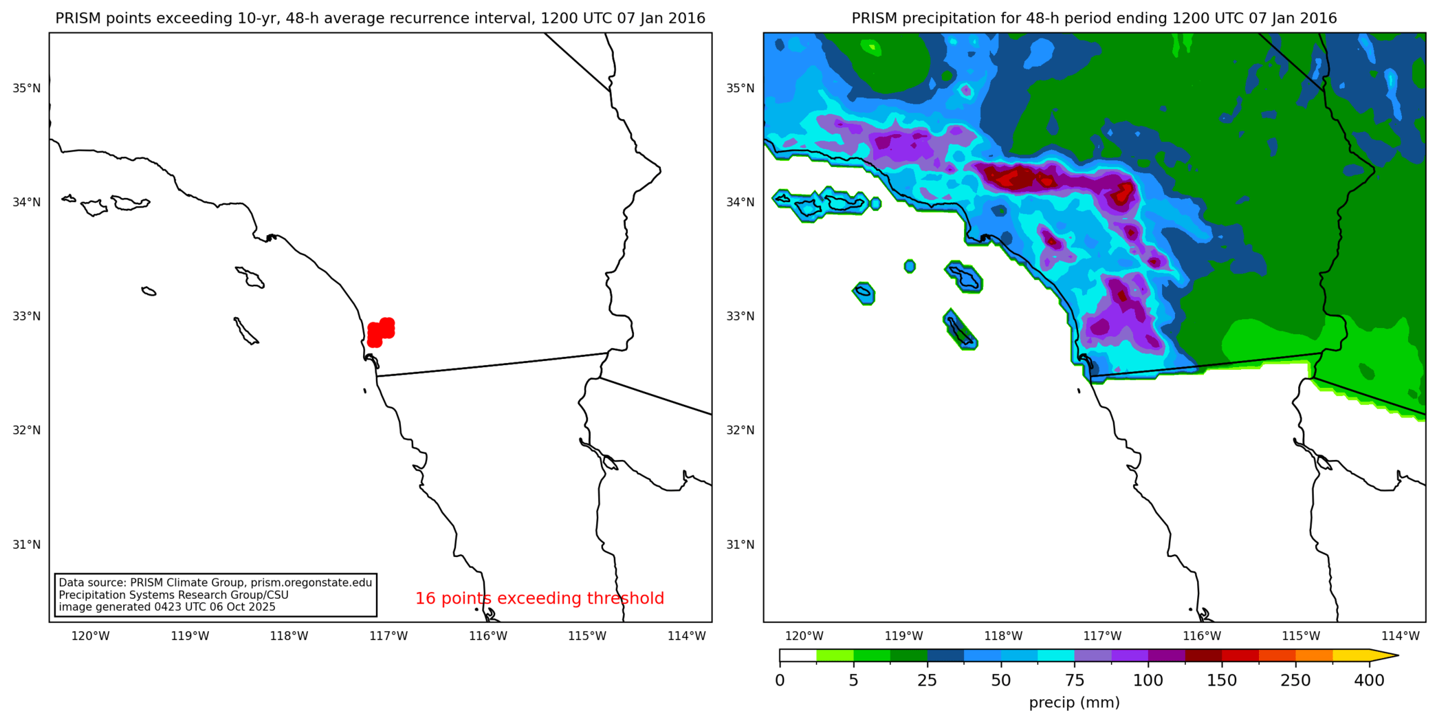 on the left is a map showing locations where rainfall exceeding an average recurrence interval threshold occurred, and on the right is the corresponding precipitation analysis for that time period