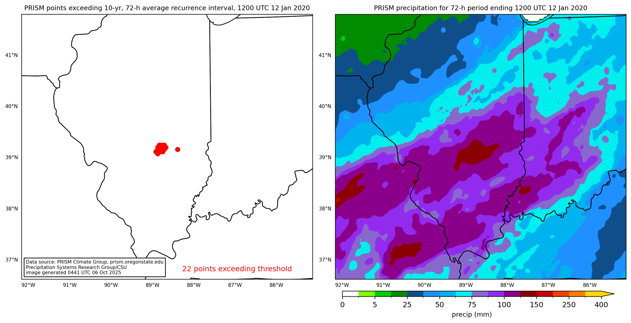 on the left is a map showing locations where rainfall exceeding an average recurrence interval threshold occurred, and on the right is the corresponding precipitation analysis for that time period