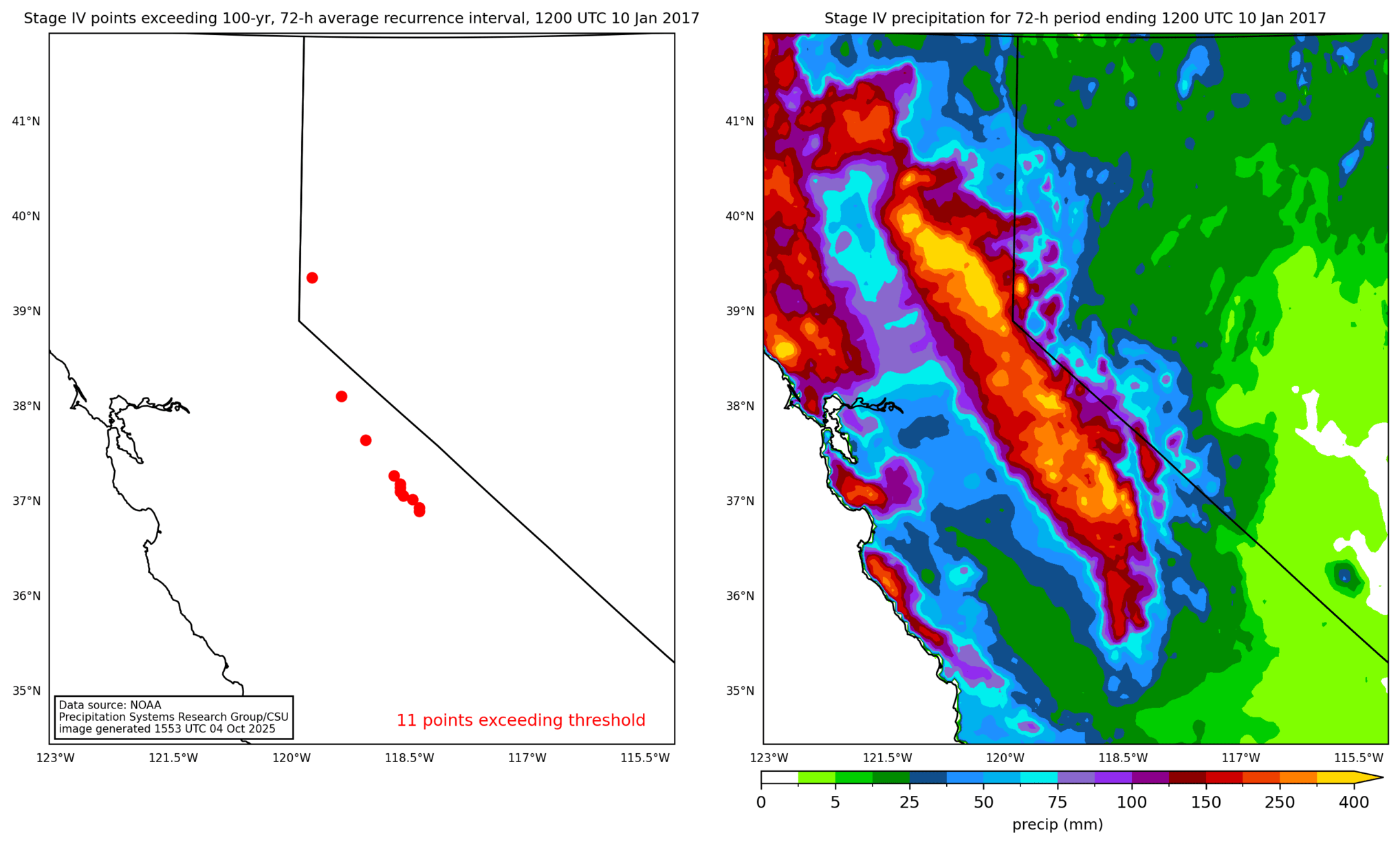on the left is a map showing locations where rainfall exceeding an average recurrence interval threshold occurred, and on the right is the corresponding precipitation analysis for that time period
