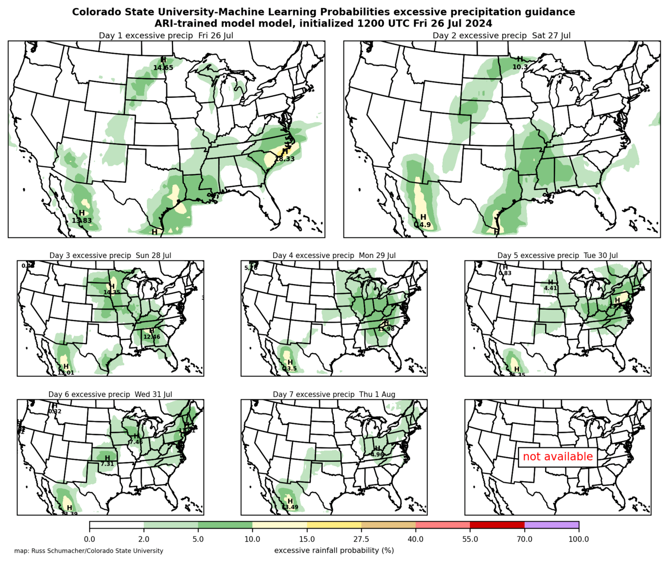 CSU-MLP excessive rainfall probabilities, days 1-8
