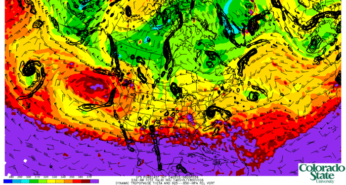 GFS Dynamic tropopause potential temperature and winds; low-level relative vorticity (click image for animation)