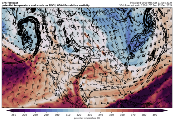 GFS Dynamic tropopause potential temperature and winds; low-level relative vorticity (click image for animation)