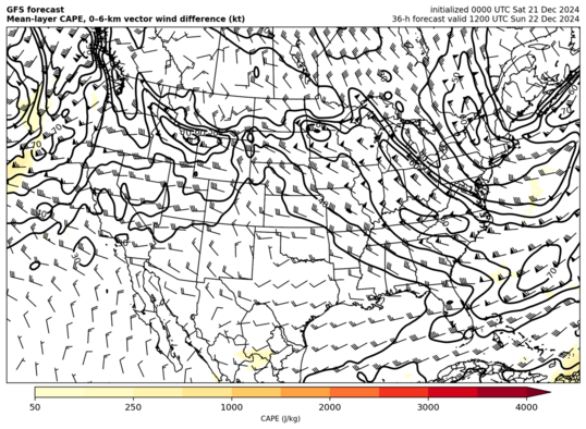 GFS mean-layer CAPE and 0--6-km shear (click image for animation)