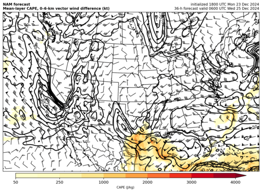 NAM mean-layer CAPE and 0--6-km vector shear (click image for animation)