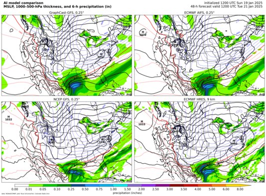 Model comparison: MSLP, 1000--500-hPa thickness, 6-h precip (click image for animation)