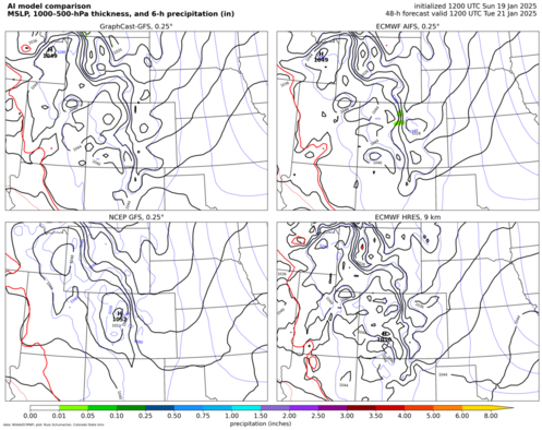 Model comparison: MSLP, 1000--500-hPa thickness, 6-h precip (Colorado zoom) (click image for animation)