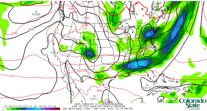 GEFS mean: MSLP, 1000--500-hPa thickness, 12-hr precip (click image for animation)