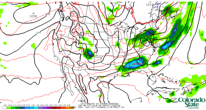 GFS MSLP, 1000--500-hPa thickness, 6-hr precip (click image for animation)