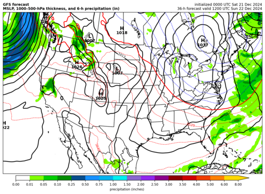 GFS MSLP, 1000--500-hPa thickness, 6-hr precip (click image for animation)