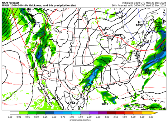 NAM MSLP, 1000--500-hPa thickness, 6-hr precip (click image for animation)