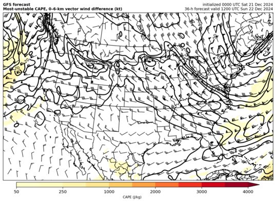 GFS most-unstable CAPE and 0--6-km shear (click image for animation)