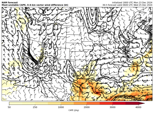 NAM most-unstable CAPE and 0--6-km vector shear (click image for animation)