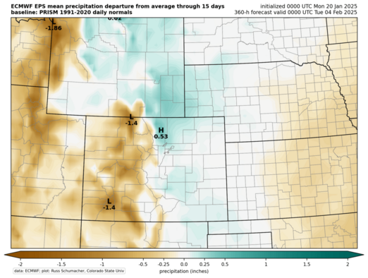 EPS mean: Accumulated precipitation anomaly (Colorado zoom) (click image for animation)