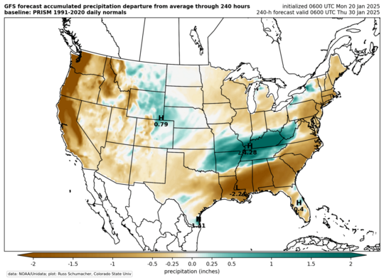 GFS accumulated precipitation anomaly (inches) (click image for animation)