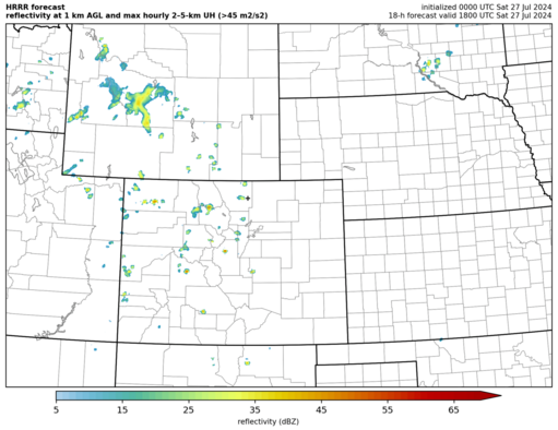 HRRR simulated reflectivity at 1000 m AGL (click image for animation)