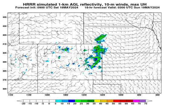 HRRR simulated reflectivity at 1000 m AGL and 10-m winds (click image for animation)