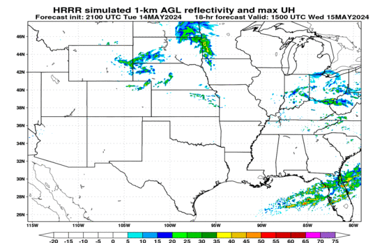 HRRR simulated reflectivity at 1000 m AGL, central US (click image for animation)