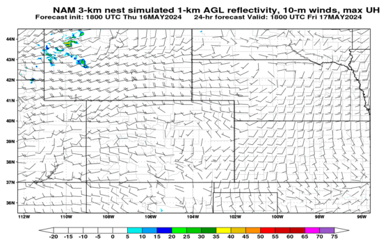 NAM nest simulated reflectivity at 1000 m AGL and 10-m winds (click image for animation)