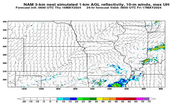 NAM 3-km nest simulated reflectivity at 1000 m AGL and 10-m winds (click image for animation)