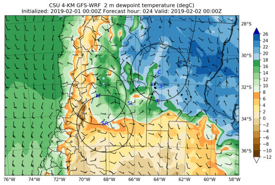 2-m dewpoint, 10-m winds, MSLP (full domain) (click image for animation)