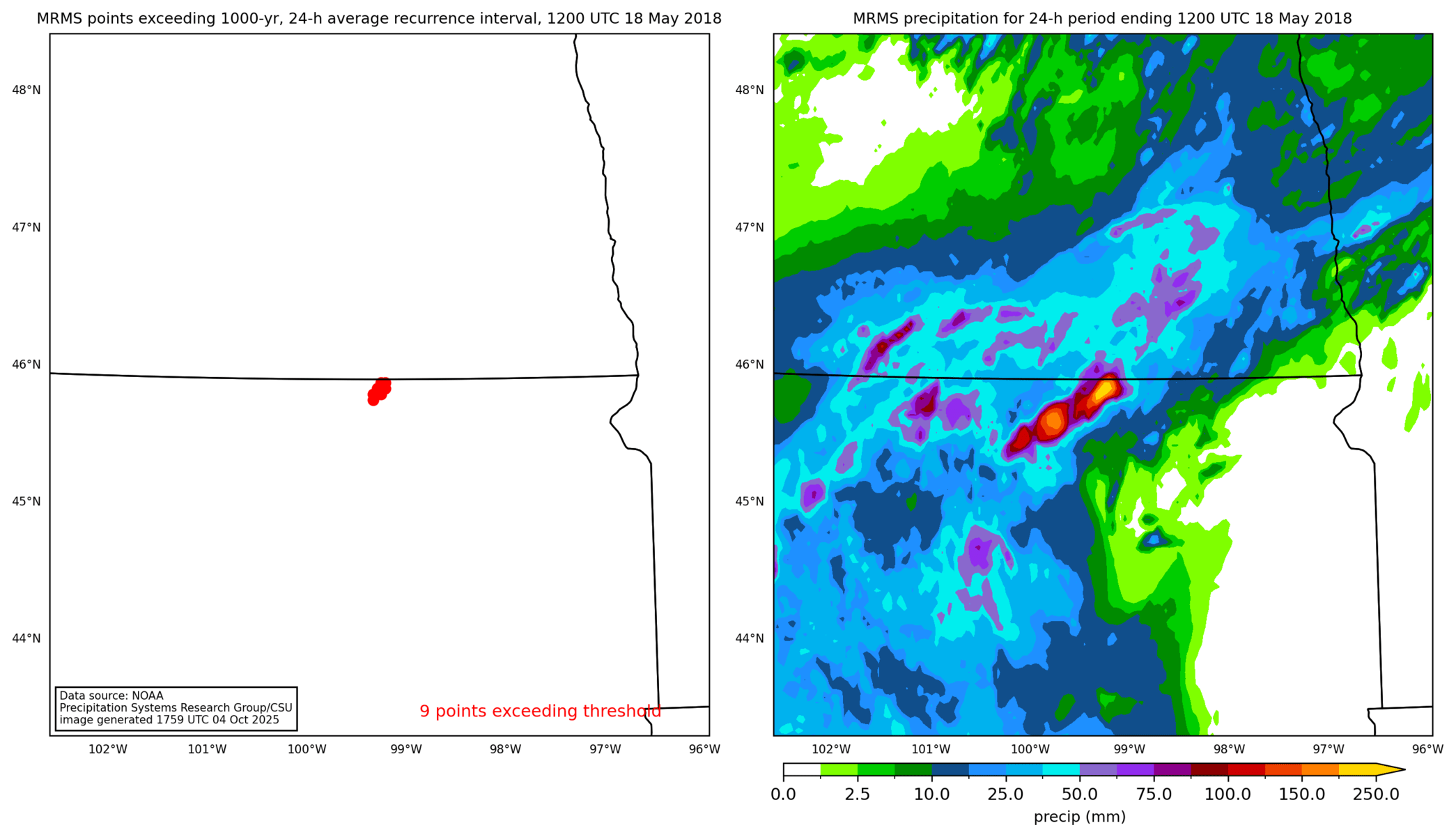 on the left is a map showing locations where rainfall exceeding an average recurrence interval threshold occurred, and on the right is the corresponding precipitation analysis for that time period