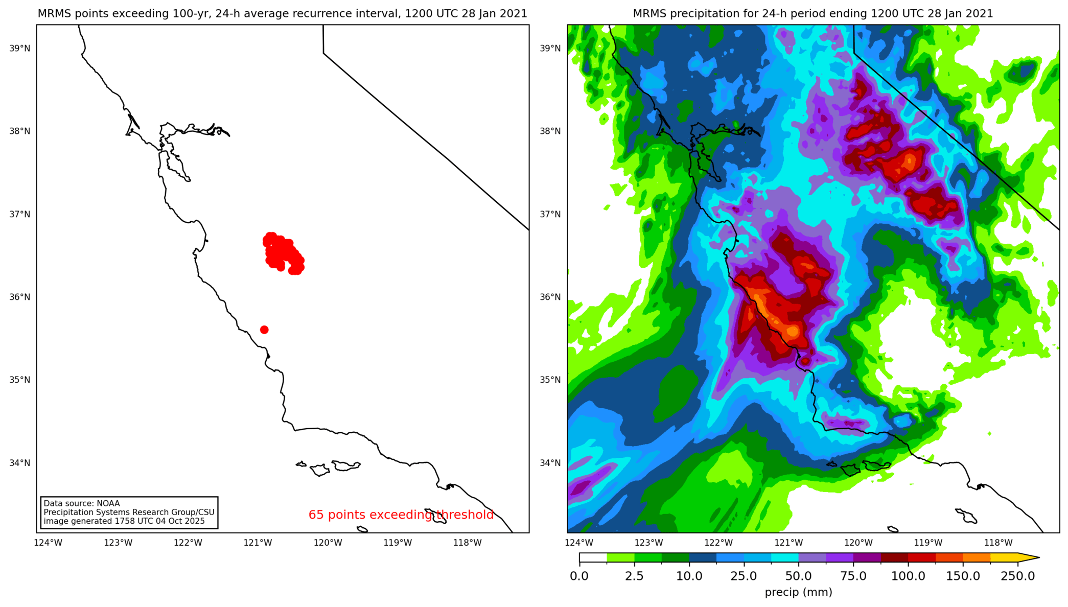 on the left is a map showing locations where rainfall exceeding an average recurrence interval threshold occurred, and on the right is the corresponding precipitation analysis for that time period