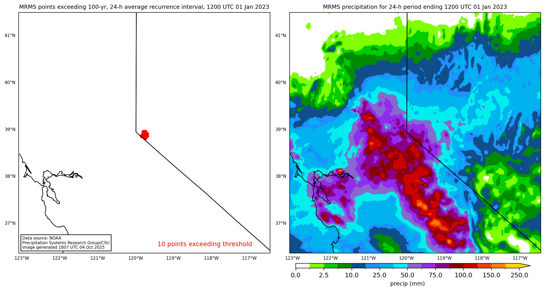 on the left is a map showing locations where rainfall exceeding an average recurrence interval threshold occurred, and on the right is the corresponding precipitation analysis for that time period