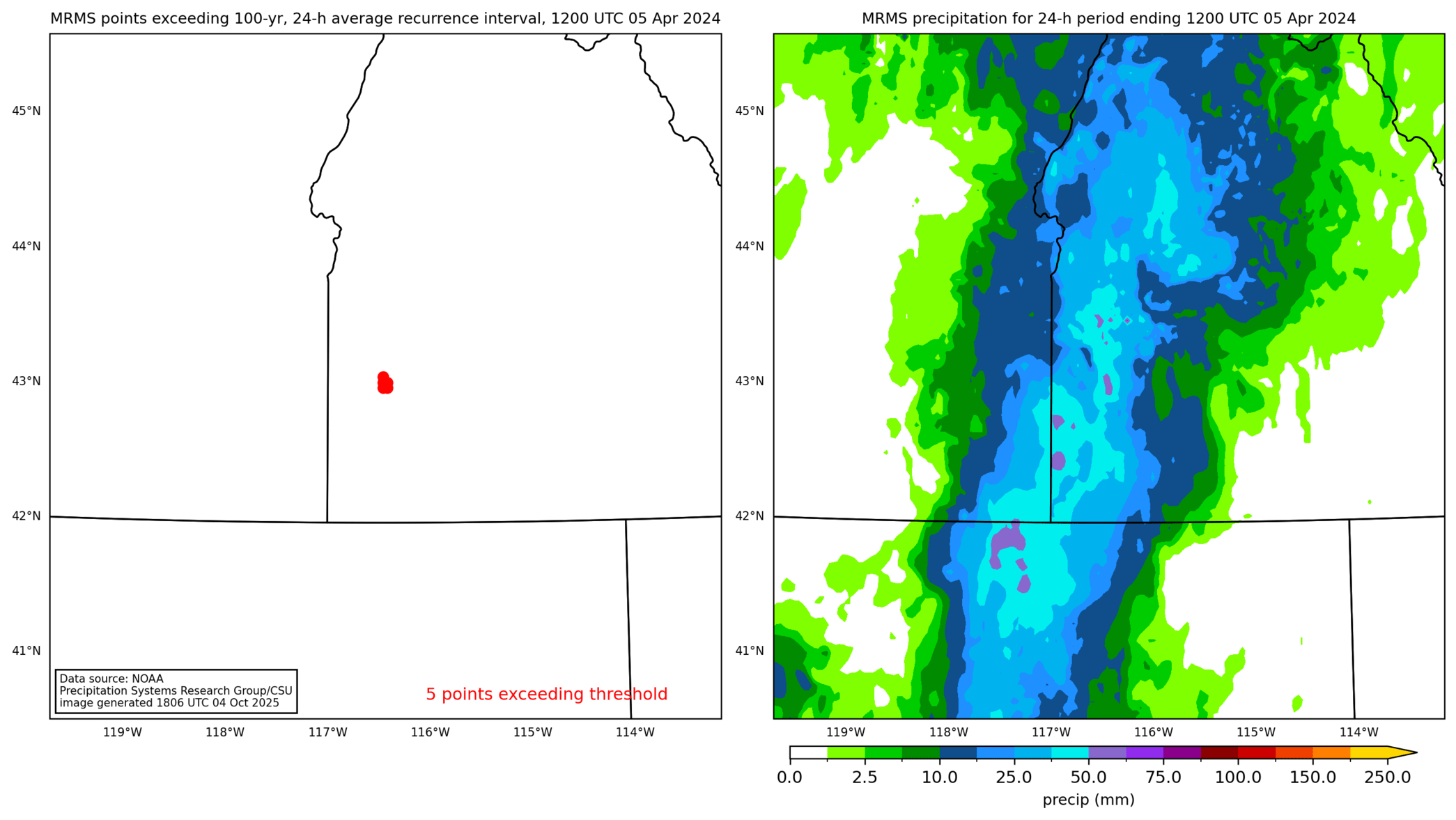 on the left is a map showing locations where rainfall exceeding an average recurrence interval threshold occurred, and on the right is the corresponding precipitation analysis for that time period