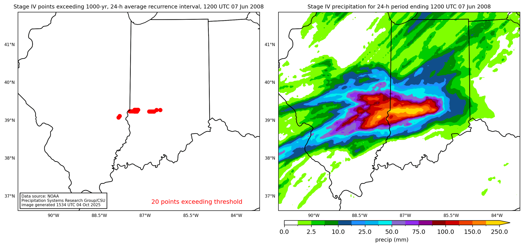 on the left is a map showing locations where rainfall exceeding an average recurrence interval threshold occurred, and on the right is the corresponding precipitation analysis for that time period