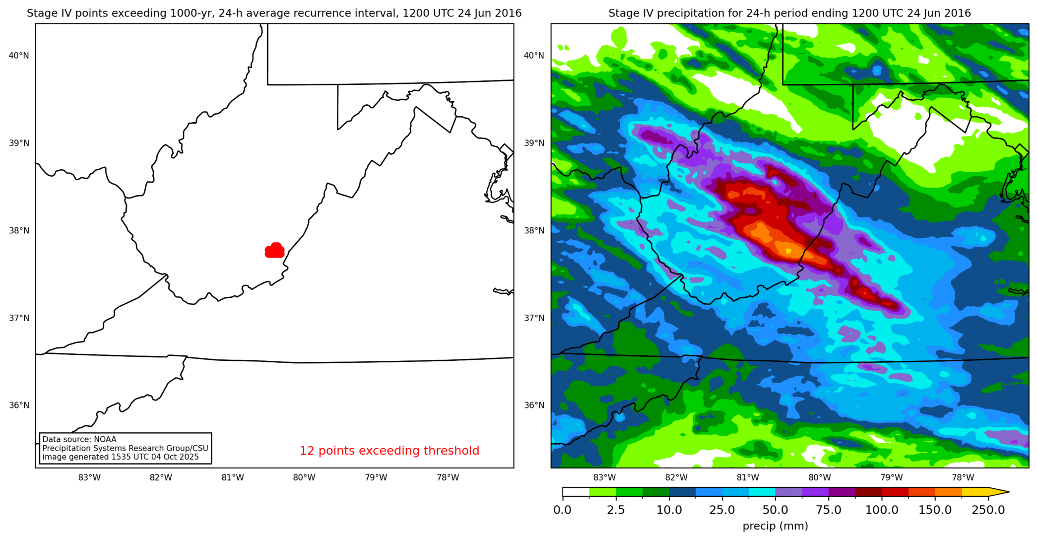 on the left is a map showing locations where rainfall exceeding an average recurrence interval threshold occurred, and on the right is the corresponding precipitation analysis for that time period