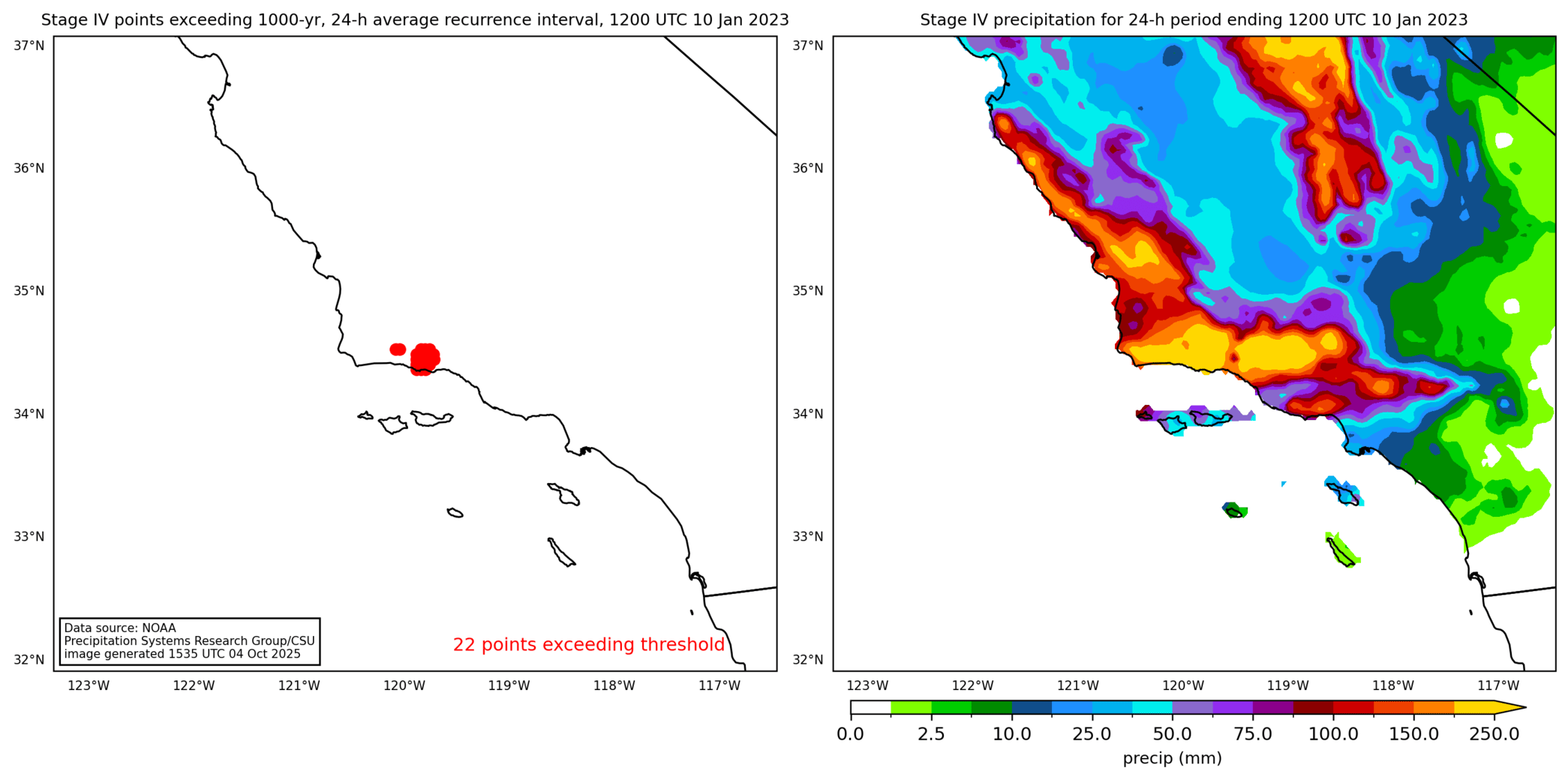 on the left is a map showing locations where rainfall exceeding an average recurrence interval threshold occurred, and on the right is the corresponding precipitation analysis for that time period