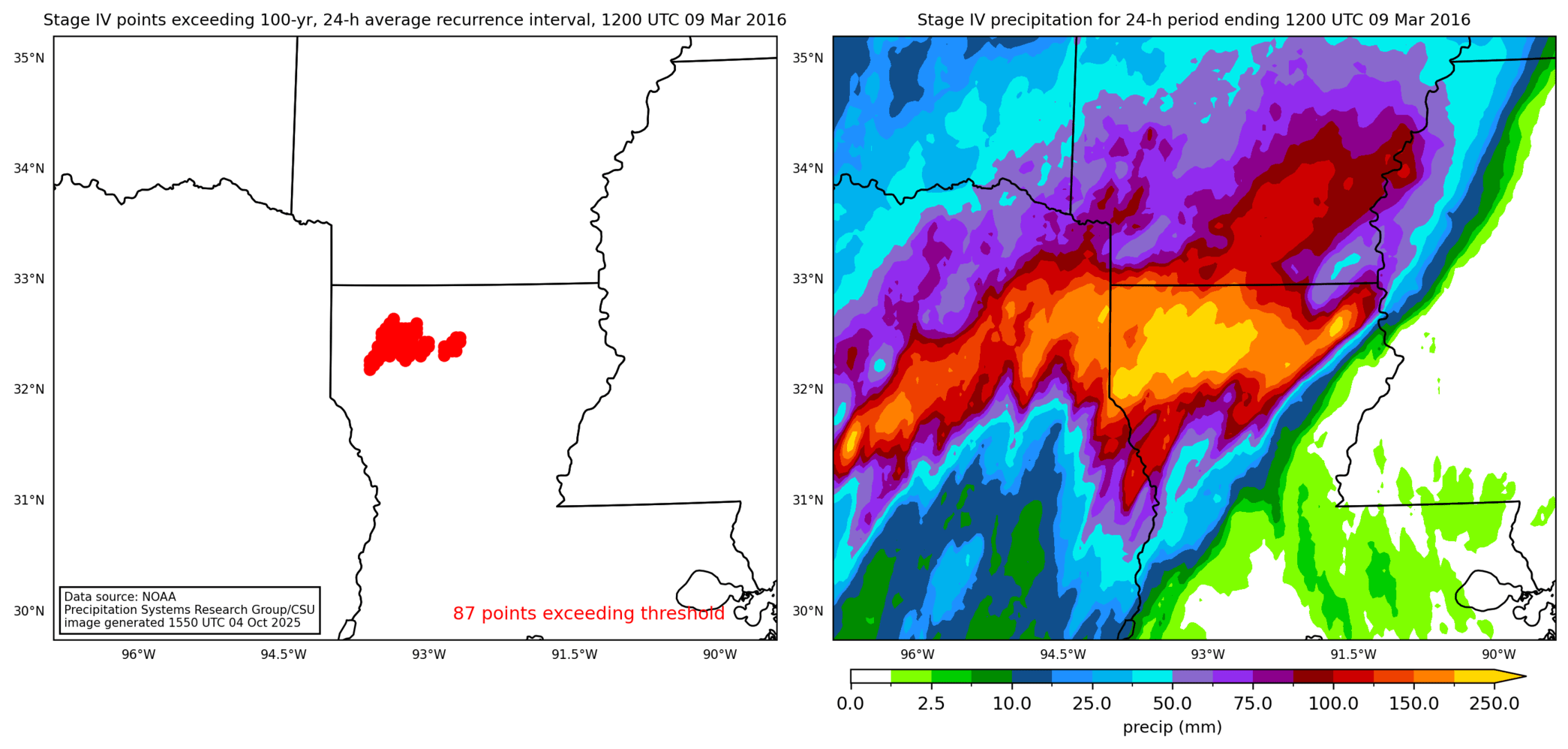 on the left is a map showing locations where rainfall exceeding an average recurrence interval threshold occurred, and on the right is the corresponding precipitation analysis for that time period