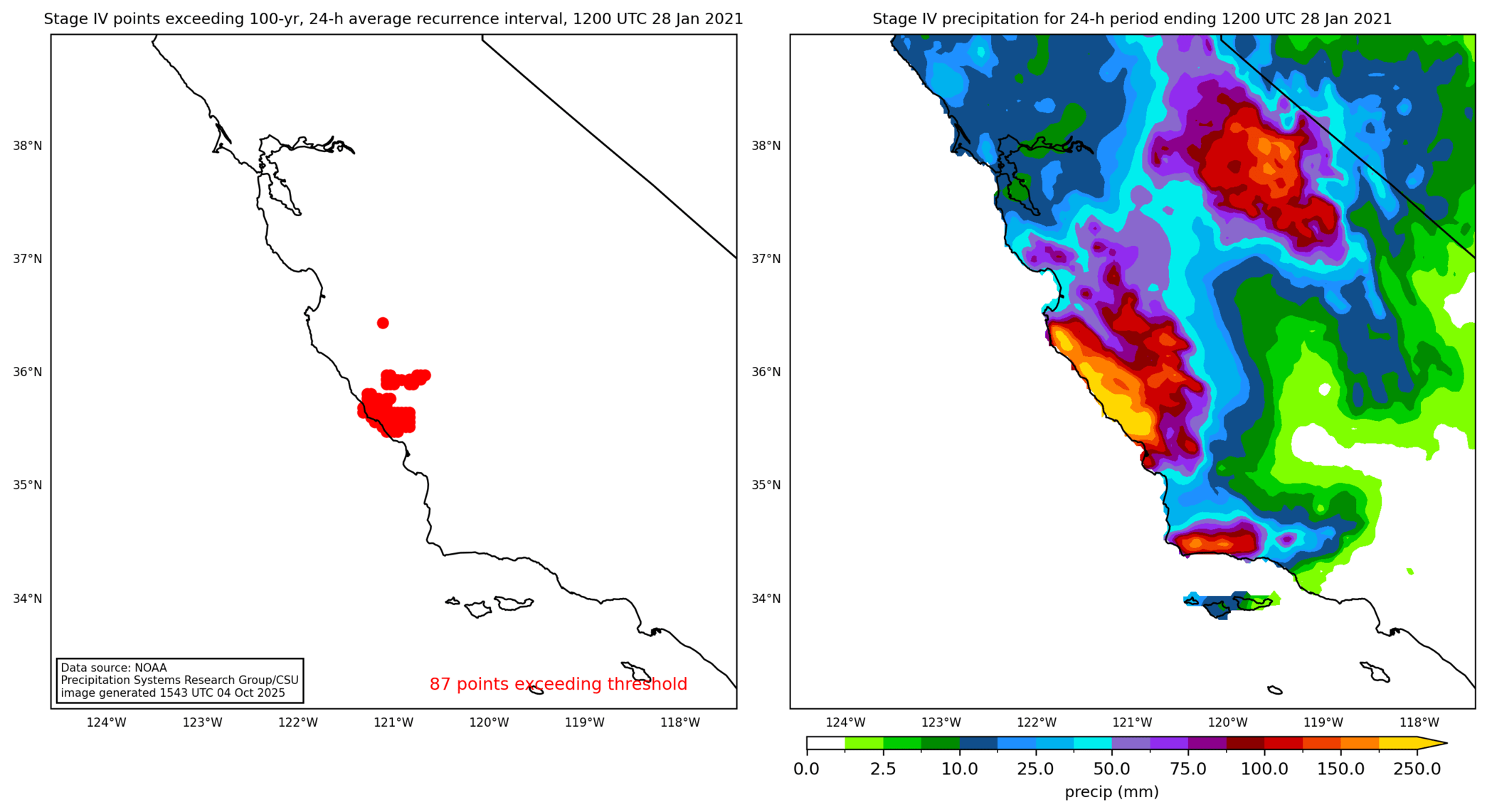 on the left is a map showing locations where rainfall exceeding an average recurrence interval threshold occurred, and on the right is the corresponding precipitation analysis for that time period