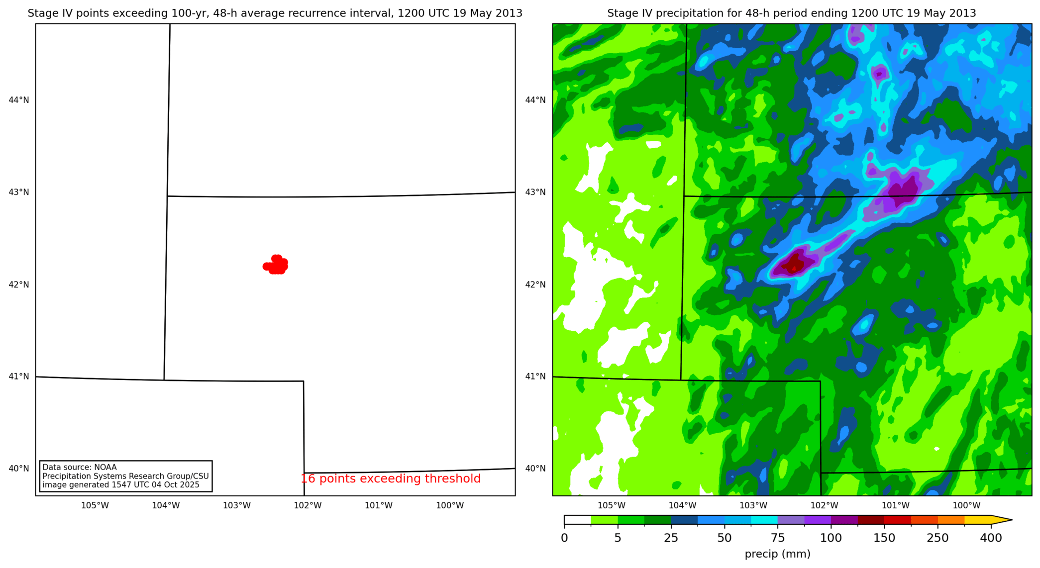 on the left is a map showing locations where rainfall exceeding an average recurrence interval threshold occurred, and on the right is the corresponding precipitation analysis for that time period