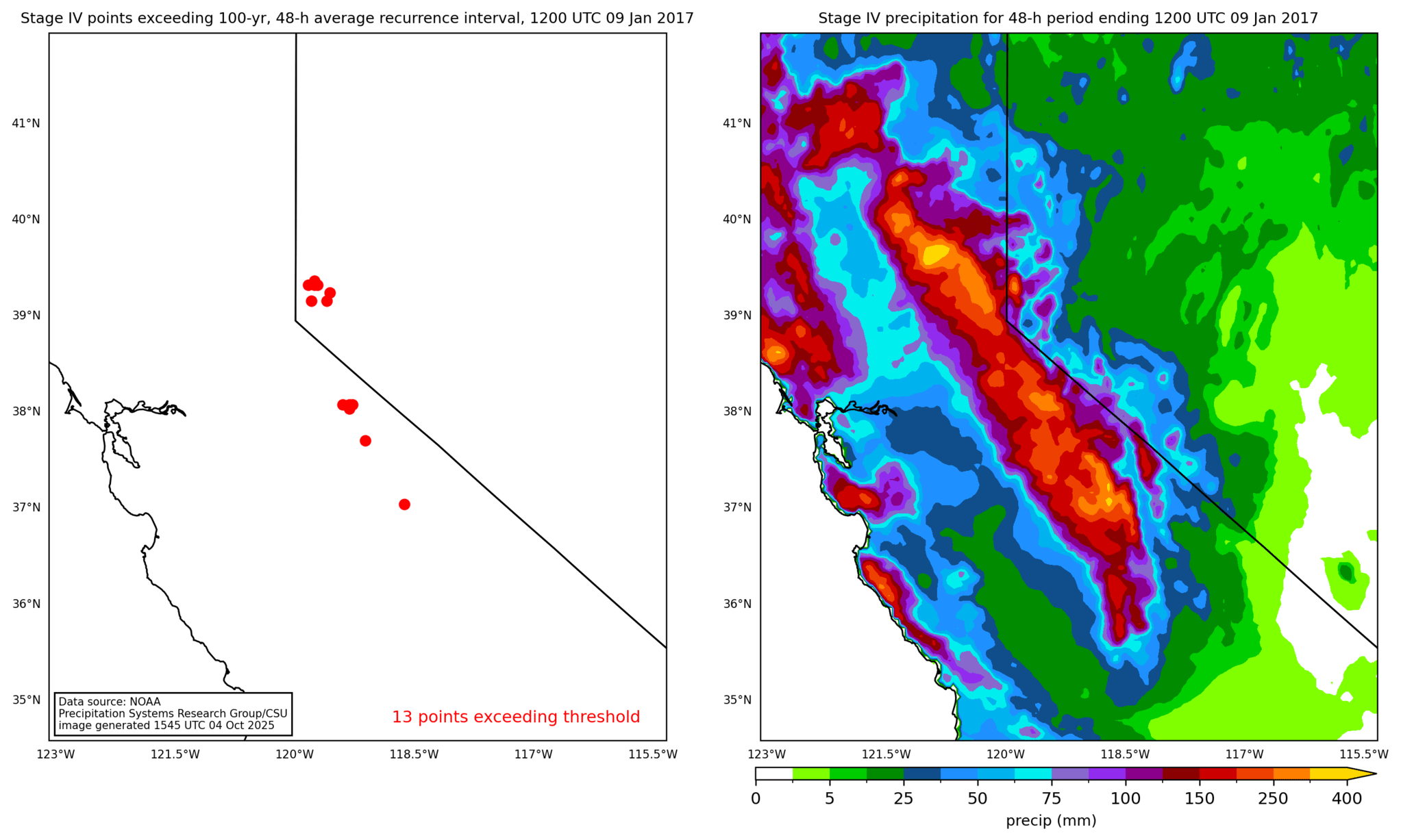 on the left is a map showing locations where rainfall exceeding an average recurrence interval threshold occurred, and on the right is the corresponding precipitation analysis for that time period