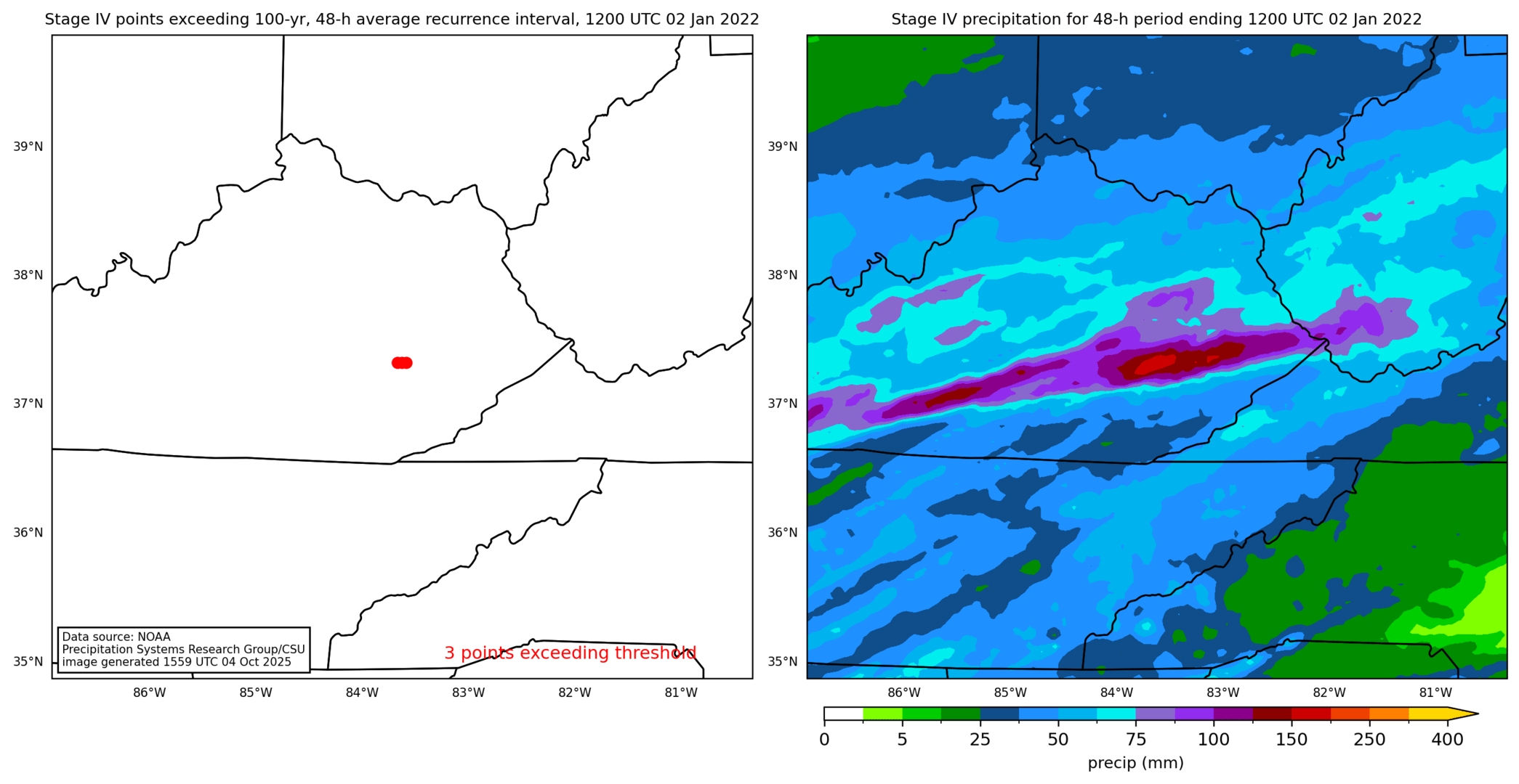 on the left is a map showing locations where rainfall exceeding an average recurrence interval threshold occurred, and on the right is the corresponding precipitation analysis for that time period
