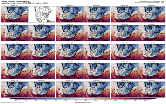 GEFS postage stamps: potential temperature on dynamic tropopause (click image for animation)